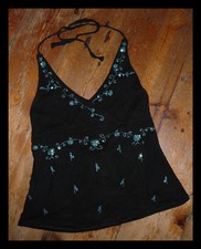 Joli/Top/Dos Nu/Noir/Finement Brodé Fleurs Paillettes Bleu/Stretch/Soirée, 38/40