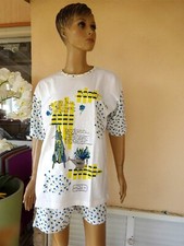 ENSEMBLE PYJAMA  D'ETE TEE SHIRT + PANTACOURT FLEURIE  BLANC & BLEU T L 44/46  