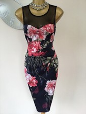 ? Karen Millen UK 10-Superbe Noir & Rouge Floral Stretch Satin Wiggle Robe