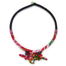 Collier NOIR tissu coton motifs multicolore tons rouge rose & vert - idée cadeau
