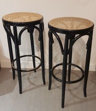 TABOURETS DE BISTROT VINTAGE, BOIS LAQUÉ NOIR, ASSISES CANNÉES, HAUT.75 CM