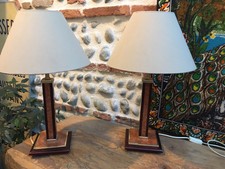 Belle Paire Lampe Design 1980 Laiton + Imitation Bois Pied Métal