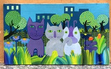 Tableau Huile Isabelle PLANTÉ (née 1949) Art Naïf Chats Paysage Fleur Arbre XXe