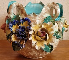 Ancien grand Cache Pot barbotine/barbotine fleurs/old slip pot cover