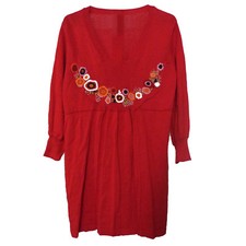 Pull long tunique broderies multicolore femme ROUGE taille 36 38 coton mi-saison