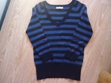  PULL FIN GEMO.36/38 RAYURE MARIN BLEU FONCE/ NOIR. COL V . MANCHES AUX COUDES. 