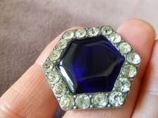 Bouton ancien metal argenté et strass 25 mm centre verre bleu