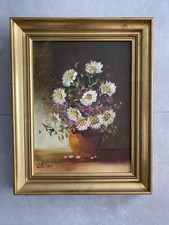 ancien tableau huile sur toile Signée nature morte au bouquet de fleur Déco Broc