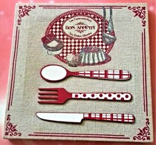 * TABLEAU DECORATIF SUR LIN * POUR CUISINE * BON APPETIT * COUVERTS ROUGE & BLAN
