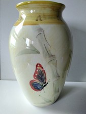 Vase Céramique Vitrifié jaune Italien Décors Papillon Vintage 1970