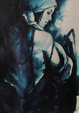 ENARA Art deco toile tableau peinture encre Femme dos nu avec collier de perles