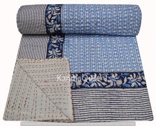 Fait À La Main Bloc Imprimé Broderie Kantha Simple Couverture Jeté De Lit Indien