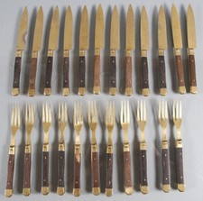 Lot 23 COUVERTS a Dessert DORE Laiton manches BOIS 1950s Fourchettes Couteaux T5