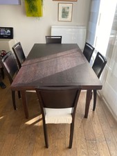 Table de salle à manger bois 160x90 cm + rallonge 60cm + 6 chaises + 2 fauteuils