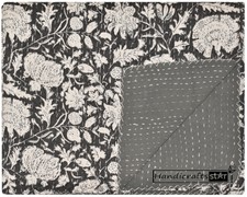 Indien Kantha Couette Gris Couleur Couvre-Lit Coton dessus de Lit Ethnique