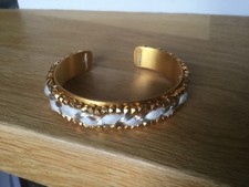 bracelet Helles jonc manchette plaqué or tressée blanc gris neuf 