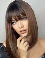 Perruque Synthétique Cheveux Court Brun Châtain À Frange Lisse +4 Bonnet OFFERT