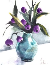 Peinture Aquarelle Originale Nature Morte Bouquet Mauve Automne Dans Vase Bleu