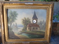 rare magnifique tableau ancien huile avec pendulette  à restaurer 