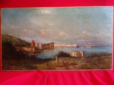 Huile sur toile 19e BAIE DE NAPLES signée à identifier TB ETAT Marine