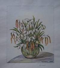 KNEBEL - Aquarelle -  VASE ET FLEURS 1948  - Signé
