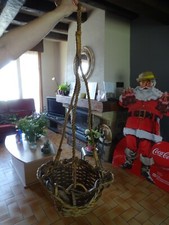 ANCIENNE SUSPENSION ROTIN OSIER FLEUR CACHE POT BOIS FLOTTE