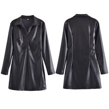 Femmes Faux Cuir PU Demi Chemise Bouton Robe Col Manches Longues