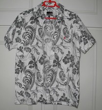 Chemise manches courtes QUIKSILVER M blanche fleurs et vagues grises 
