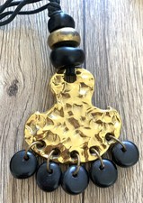 Collier sautoir oversize JACKY DE G PARIS vintage/Lien Coton noir/pendentif doré