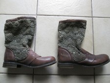 MODE BOTTINES OCCASION BUNKER CUIR MARRON TISSU DENTELLE Taiile 40 bon état 