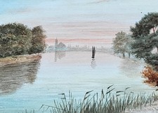 Tableau ancien Aquarelle . Paysage: bord de rivière animée. Peinture sur papier.