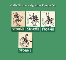 Cafés Storme, 4 vignettes « Figurines époque XI » pour boîtes d’allumettes