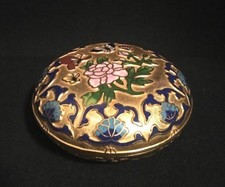 VINTAGE ENAMEL CLOISONNE TRINKET BOX POWDER JAR LID BUTTERFLIES & LOTUS FLOWERS