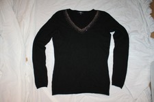 TEX Pull Noir Col V 100% CACHEMIRE Strass FR 36 38 CASHMERE Black Jumper Jewel