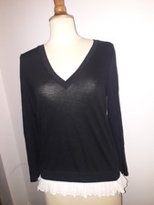 Pull tunique femme mi saison maille noire avec plissé blanc Massimo Dutti T 38