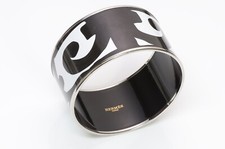 HERMES Extra Wide Palladium Plated Black White Enamel Bangle Bracelet