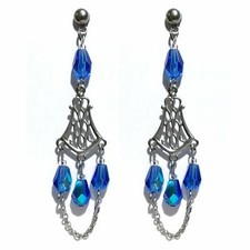 boucles d'oreilles pendantes lustre bleu roi goutelettes en verre et acier inox