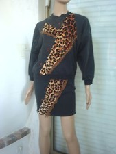 JUPE + SWEAT NOIR & LEOPART + FRANGES BEIGE MOLLETONE T 36/38 OU 12/14 ANS 