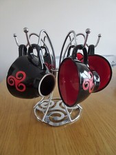 Lot de 6 tasses bolées à cidre en grès vernissé + présentoir en métal. TBE