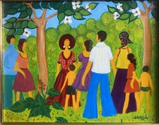 Tableau personnages dans un jardin fleuri huile signée Grassin