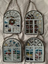 Vintage : 4 Vitraux a suspendre En Verre Peint décor Noël : entourage étain