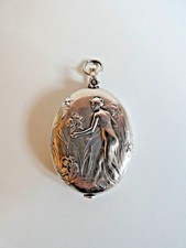 MIROIR DE POCHE CHATELAINE ARGENT MASSIF SIGNE E. DROPSY FEMME ART NOUVEAU 1900