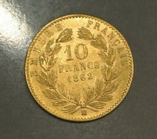 RARE 10 FRANCS OR  NAPOLEON III TETE LAUREE 1862  BB SUP 