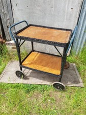 Ancienne Desserte Servante Rotin & Scoubidou Sur Roulettes Métal + Plateaux Bois