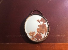 Joli Petit Miroir Ancien Bisoté Ovale Décor Véritable Fleurs Séchées 