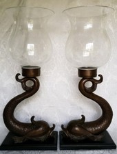 Mid CENTURY MODERN LARGE KOI FISH CANDLEHOLDERS  BRONZE FINISH W/ GLASS GLOBES
