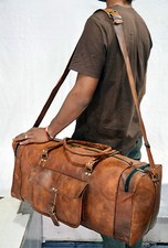 Men Brown Vintage Genuine Travel Luggage Duffel Gym Bags Tote Goat Leather 