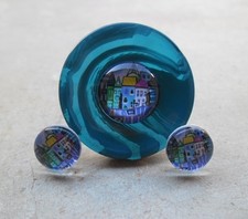 Parure boucles d'oreilles à clous et bague bouton vintage cabochons verre