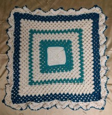 Granny Knit Lap Blanket Square Coverlet Crocheted Blue White Couch Throw