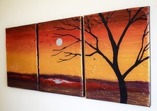 Acrylique Peinture Toile Triptyque Art moderne artiste abstrait mur or lune noire